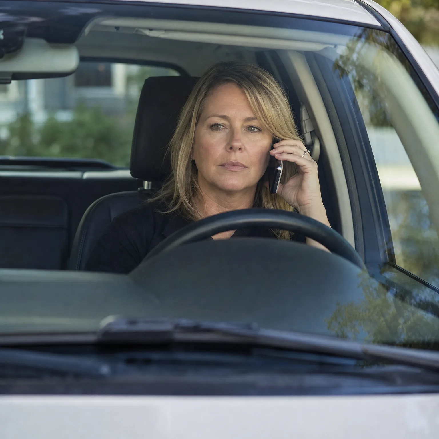 A woman with long blonde hair sits in the driver's seat of a white vehicle, holding a mobile phone to her ear, seen through the windshield.