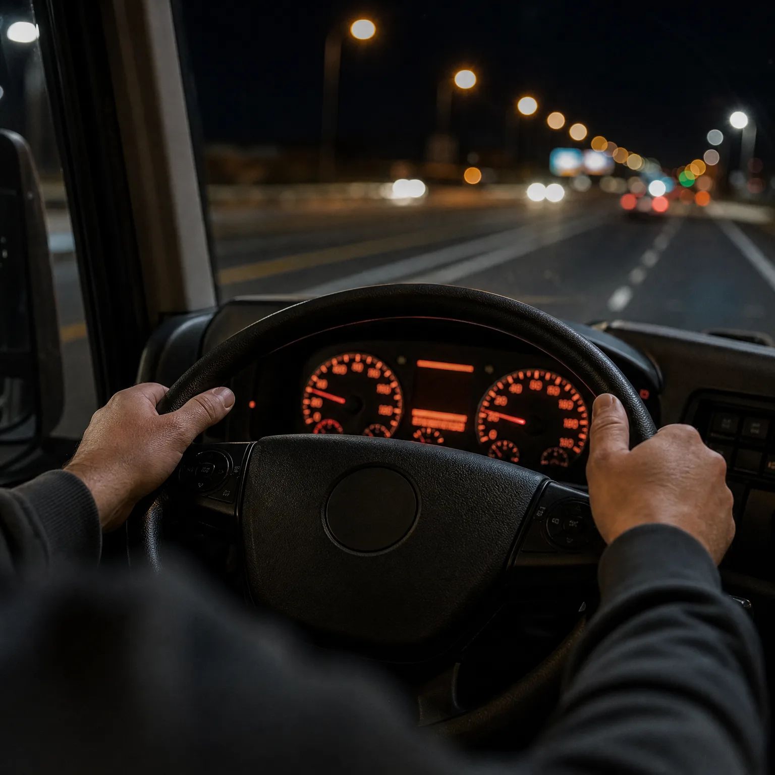 Interior view from a driver's seat at night, with two hands on a steering wheel, an orange-lit instrument cluster, and a road with streetlights and blurred vehicle lights ahead.