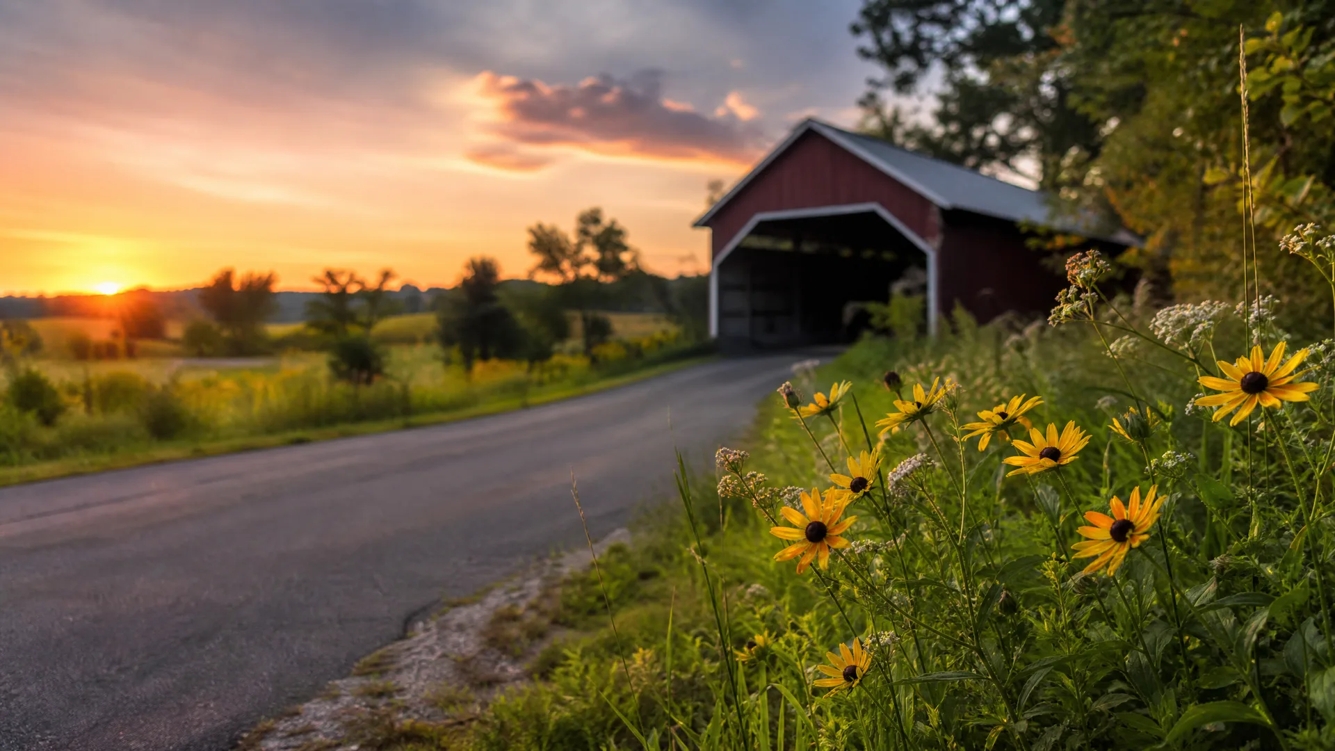 A paved rural road curves toward a red covered bridge at sunset, with yellow coneflowers and white wildflowers in the grassy roadside foreground.